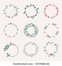 Set of 9 elegant circle frames, vector illustration. Easter wreath collection, round floral border with abstract flowers in pastel colors. Modern universal spring template for text, monogram, quote