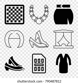 Set of 9 elegant filled and outline icons such as dress, skirt, chess board, sim card, shoe, woman hairstyle, necklace