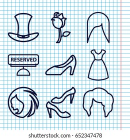 Set of 9 elegant outline icons such as woman hairstyle, dress, shoe, rose, woman shoe, hat