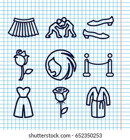 Set of 9 elegant outline icons such as woman hairstyle, shoe, dress, skirt, rose, red carpet