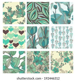 set of 9 elegant seamless patterns with decorative flowers, design elements