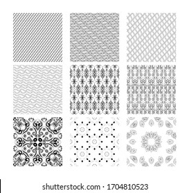 A set of 9 elements for creating seamless backgrounds. Black and white geometric vector pattern.