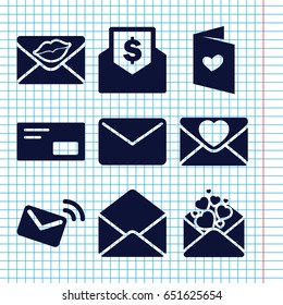 Set of 9 email filled icons such as love letter, envelope, envelop, mail