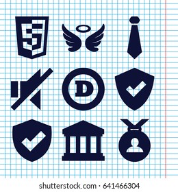 Set of 9 emblem filled icons such as wings, d letter, medal, no sound, court building, shield