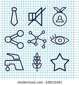 Set of 9 emblem outline icons such as star, tap, medal, plant, connection, eye, no sound, tie