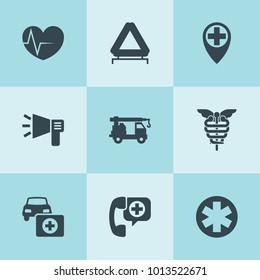 Set of 9 emergency filled icons such as car emergency sign, car first aid kit, megaphone, crane truck, medical location, medical, call ambulance