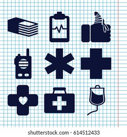 Set of 9 emergency filled icons such as first aid kit, medical sign, bandage, heartbeat clipboard, drop counter, injured finger, medical cross