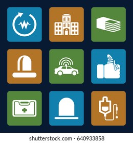 Set of 9 emergency filled icons such as police car, siren, drop counter, bandage, medical kit, injured finger, hospital building