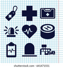 Set of 9 emergency filled icons such as siren, medical cross tag, heartbeat clipboard, medical kit, medical cross, hospital