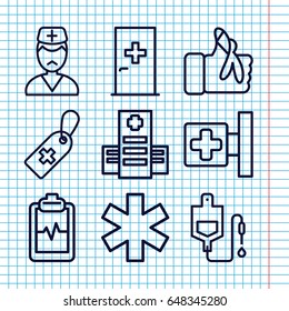 Set of 9 emergency outline icons such as aid post, medical cross, hospital, medical cross tag, drop counter, medical sign, heartbeat clipboard, doctor