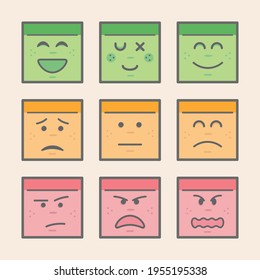 Set of 9 emojis sticky notes with different colors and moods, from happy to angry. Designs ready to use in multiple places like websites and printables among others.