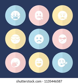 Set of 9 emoticon filled icons such as sad smiley, cool emot in sunglasses, emot with mustache