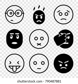 Set of 9 emoticon filled and outline icons such as angry emot, sad emot