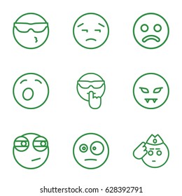 set of 9 emoticon outline icons such as cool emot in sunglasses, upset emot, rolling eyes emoji
