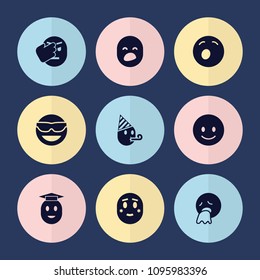 Set of 9 emotion filled icons such as smiling emot, emot in sun glasses, shy emoji