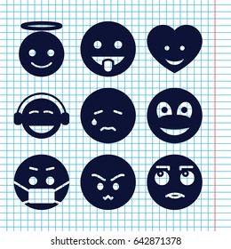 Set of 9 emotion filled icons such as crying emot, angry emot, emoji angel, emoji, emoji in mask, heart face