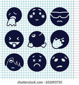 Set of 9 emotion filled icons such as cool emot in sunglasses, upset emot, shy emoji