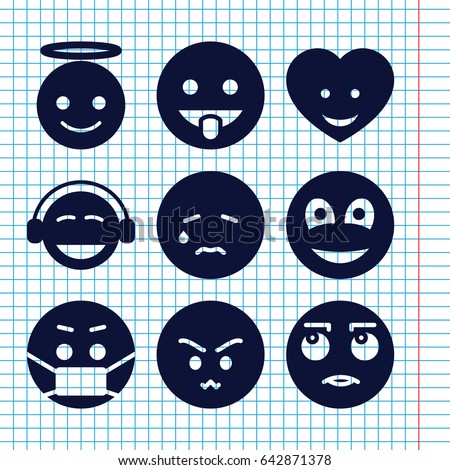 Set of 9 emotion filled icons such as crying emot, angry emot, emoji angel, emoji, emoji in mask, heart face