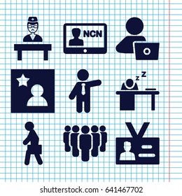 Set of 9 employee filled icons such as businessman, man with laptop, doctor, badge, man sleeping on table, man with case, favorite photo