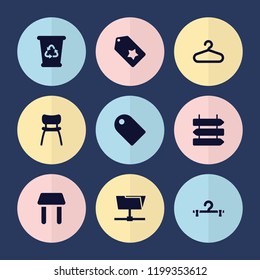 Set of 9 empty filled icons such as direction   isolated, hanger, folder, chair, tag, table