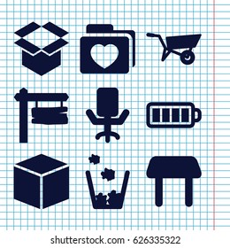 Set of 9 empty filled icons such as wheel barrow, table, direction board, box, folder with heart, baterry, office chair