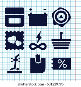 Set of 9 empty filled icons such as cream, arrow up, no standing nearby, photo with heart, glued note, battery, endless battery, shopping basket