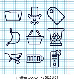 Set of 9 empty outline icons such as wheel barrow, recycle bin, folder, stomach, baterry, office chair, shopping basket, no charge