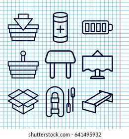 Set of 9 empty outline icons such as garden bench, table, box, baterry, battery, restaurant table, shopping basket