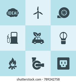 Set of 9 energy filled icons such as windmill, water pump, turbo, eco car, socket, bulb, idea, campfire