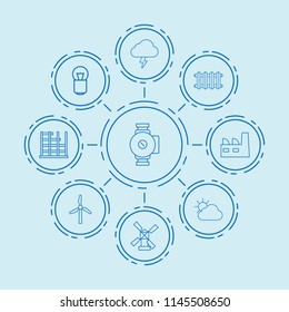 Set of 9 energy outline icons such as windmill, factory, bulb, construction, radiator, pump, sun with cloud