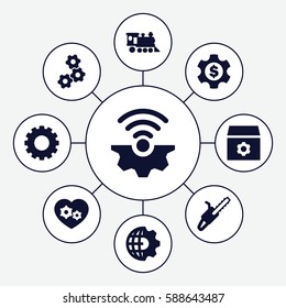 Set of 9 engine filled icons such as gear, chain saw, locomotive