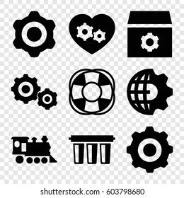 Set of 9 engine filled icons such as gear, locomotive, fan, gear heart