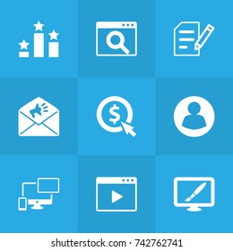 Set Of 9 Engine Icons Set. Collection Of Columns, Magnifier, Movie And Other Elements.
