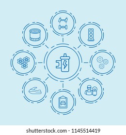 Set of 9 engine outline icons such as gear, oil filter, engine head, car chassis, spark coil, car service list, car electrician