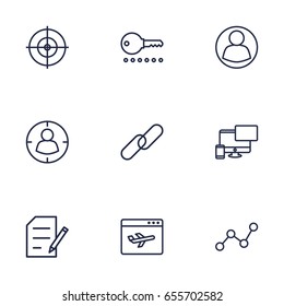 Set Of 9 Engine Outline Icons Set.Collection Of Home, Running Title, SEO Test And Other Elements.