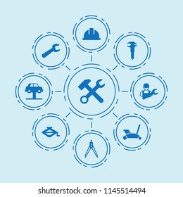 Set of 9 engineer filled icons such as wrench hammer, caliper, car lift, car jack, car mechanics, safety helmet, wrench