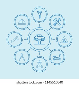 Set of 9 engineer outline icons such as wrench hammer, caliper, car lift, car jack, road working sign, safety helmet, wrench, compass
