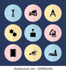 Set of 9 engineering filled icons such as compass, wrench, concrete mixer, hook with cargo, factory, cpu, excavator