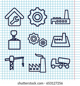 Set of 9 engineering outline icons such as construction crane, concrete mixer, hook with cargo, home repair, factory