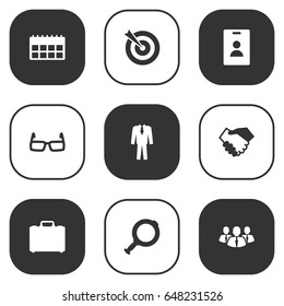 Set Of 9 Enterprise Icons Set.Collection Of Data, Loupe, Goal And Other Elements.