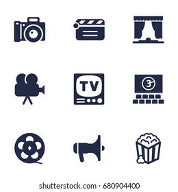 Set Of 9 Entertainment Icons Set.Collection Of Photography, Action, Filmstrip And Other Elements.