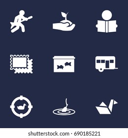 Set Of 9 Entertainment Icons Set.Collection Of Collecting, Paper Figure, Fish And Other Elements.