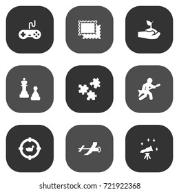 Set Of 9 Entertainment Icons Set.Collection Of Target, Joystick, Checkmate And Other Elements.