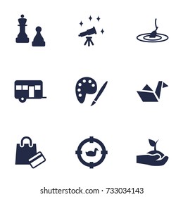 Set Of 9 Entertainment Icons Set.Collection Of Rod, Plant, Telescope And Other Elements.