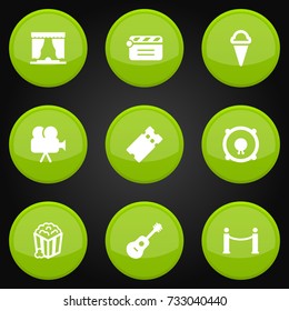 Set Of 9 Entertainment Icons Set.Collection Of Curtain, Snack, Loudspeakers And Other Elements.