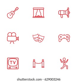 Set Of 9 Entertainment Outline Icons Set.Collection Of Barrier Rope, Dancing Man, Masks And Other Elements.