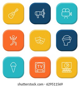 Set Of 9 Entertainment Outline Icons Set.Collection Of Dancing Man, Guitar, Masks And Other Elements.