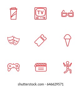 Set Of 9 Entertainment Outline Icons Set.Collection Of 3D Glasses, Game Controller, Ice Cream And Other Elements.