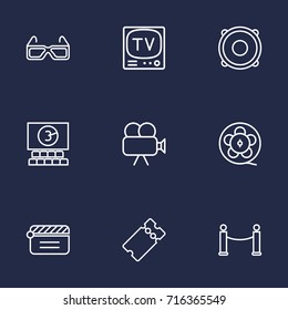 Set Of 9 Entertainment Outline Icons Set.Collection Of Tv Set, Movie Cam, Ticket And Other Elements.