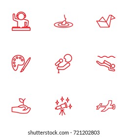 Set Of 9 Entertainment Outline Icons Set.Collection Of Diving, Origami, Dj And Other Elements.